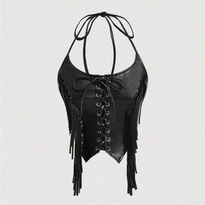 Black Lace-Up Fringe Halter Top